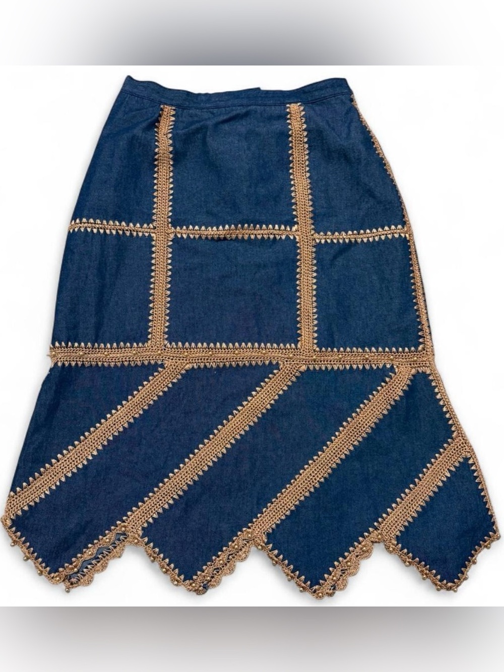 Lew Magram Denim Skirt with Gold Crochet Trim Size 8
